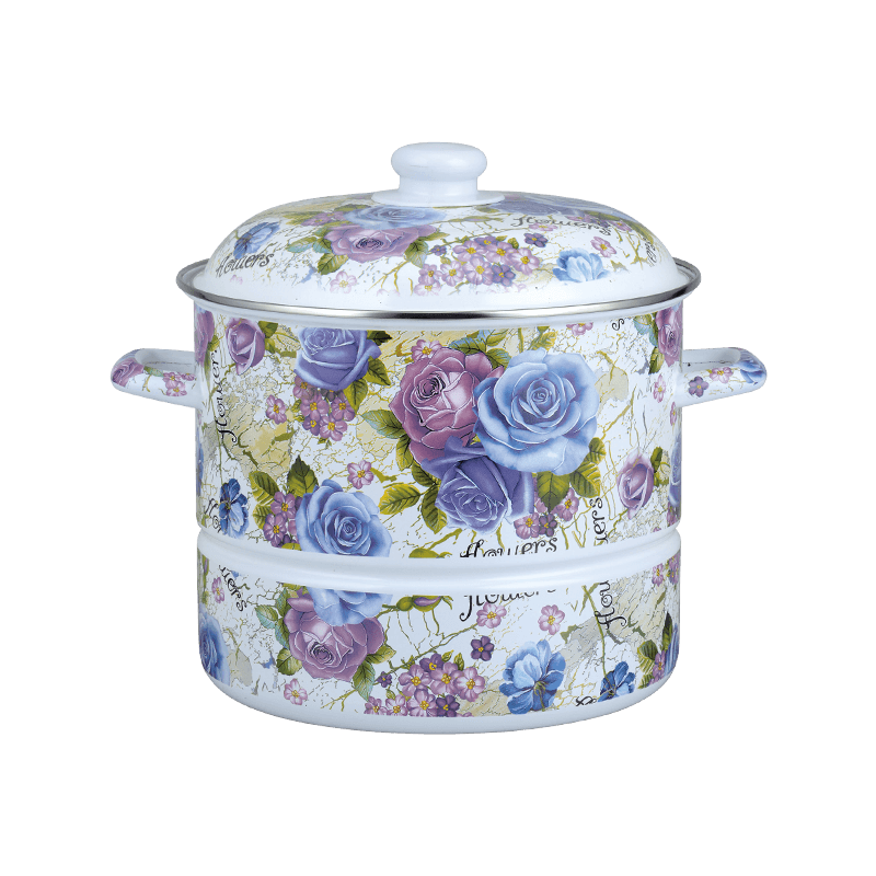 756D Stainless Steel Rim Steamer Enamel Pot dengan baki mengepul